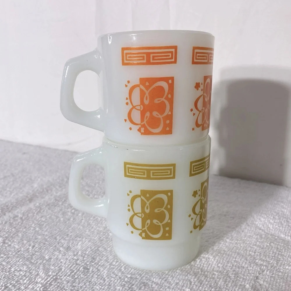 Vintage Anchor Hocking Yellow & Orange Atomic  Cloud Pattern Stacking Mugs x2